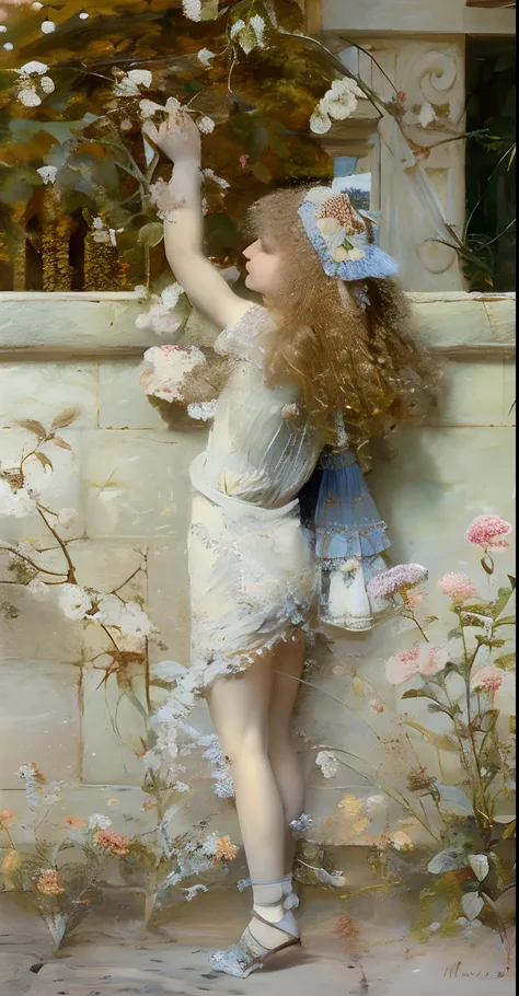 painting of a girl reaching for flowers in a garden, henry meynell rheam, by William Edouard Scott, sydney mortimer laurence, louis royo, by Charles Harold Davis, inspired by Sophie Gengembre Anderson, by Sophie Anderson, by Frederick Goodall, edward hughe...