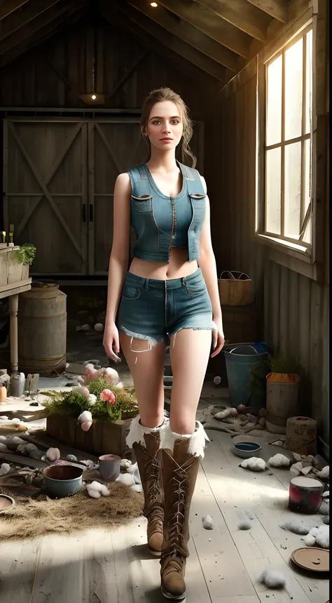 ultra-realistic full-body photos ((woman in cluttered barn wearing sexy shabby tattered cotton vest)), ((detailed realistic face...