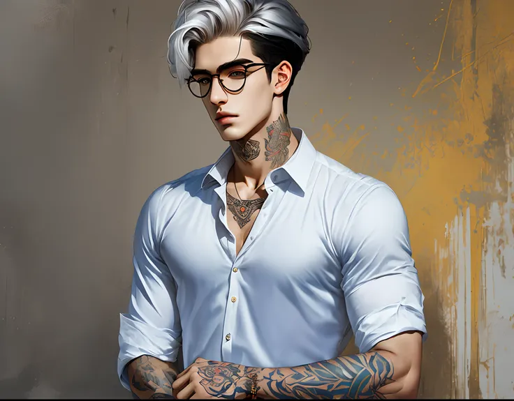 Create a masterful and highly-detailed portrait of a young man who is the epitome of sophistication. This young man should be the focal point of the artwork, with striking features like white hair, piercing yellow eyes, and intricate tattoos on his neck an...