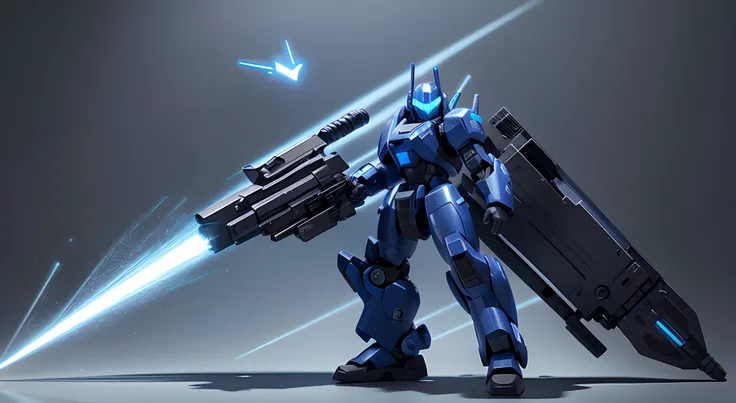 Blue mech，Equipped with plasma cannon and laser gun。