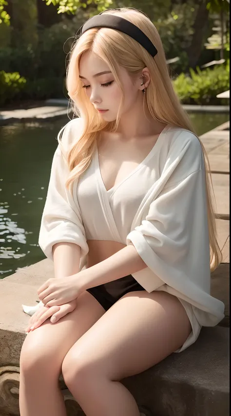 Produces a warm orange glow on the surface of the water,The light source comes from the sun，Illuminate the entire picture。In this medieval port，We could see a beautiful girl，She has long white hair，The eyes are bright yellow。She had a faint smile on her fa...