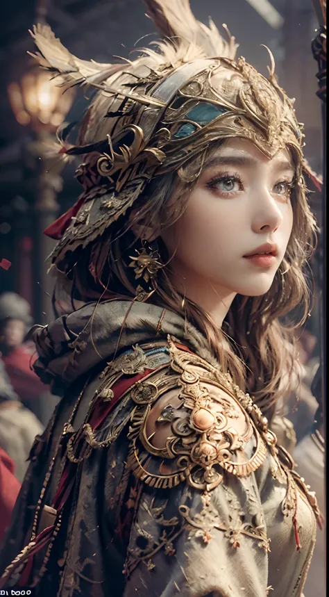 ((Masterpiece))), ((Best Quality))), ((Ultra Detailed)), (Surreal), (Highly Detailed CG Illustration), Cinematic Light, Realistic, Very Beautiful Young Lady,Sexy, Light Makeup,, Intricate Details EABA, Red Cloak, Spear