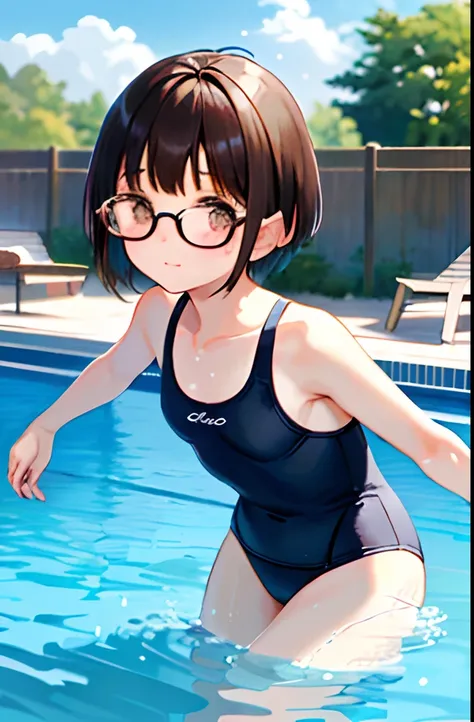 (1 16-year-old girl、A dark-haired、short-hair、straight haired、bow ribbon、Light brown eyes、Black glasses、small tits、cute  face)、swim wears、​masterpiece、top-quality、swimming pools