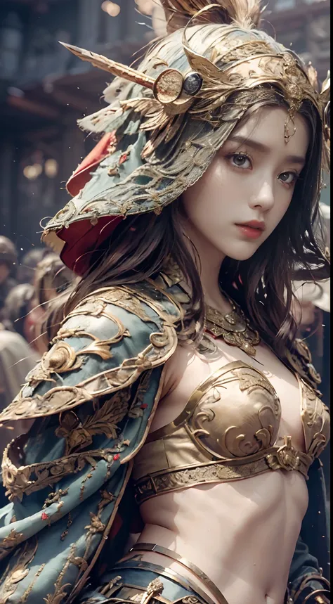 ((Masterpiece))), ((Best Quality))), ((Ultra Detailed)), (Surreal), (Highly Detailed CG Illustration), Cinematic Light, Realistic, Very Beautiful Young Lady,Sexy, Light Makeup,, Intricate Details EABA, Red Cloak, Spear