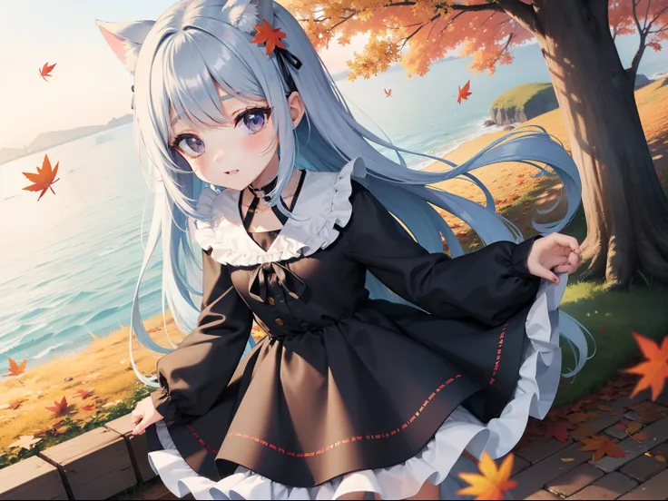 Pretty girl　evening　You can see the sea in the distance　A park on a hill with autumn leaves　Light blue long hair　Twin-tailed　Black eyes　colorfull dress　Very Beautiful Little Girl　Photo of falling leaves fluttering　Face Highlights