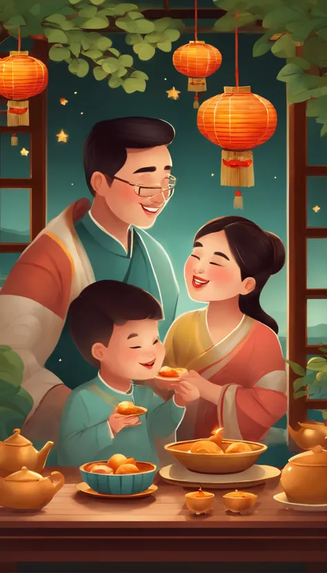 A family eats mooncakes，Men honor their parents with gifts in their hands, Happy family, There are mooncakes on the table,Gift in hand， tea drinking and paper lanterns, Another bright moon in the sky，warm and joyful atmosphere, Digital illustration, Poster...