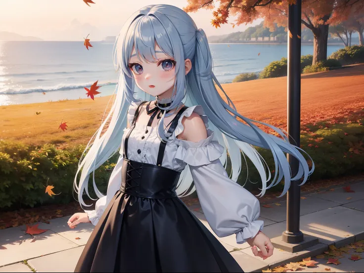 Pretty girl　evening　You can see the sea in the distance　A park on a hill with autumn leaves　Light blue long hair　Twin-tailed　Black eyes　colorfull dress　Very Beautiful Little Girl　Photo of falling leaves fluttering　Face Highlights