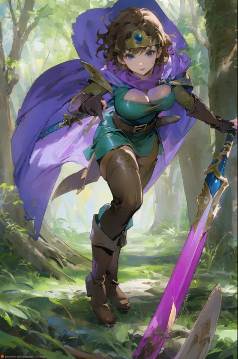 (((Top Quality: 1.4))),(Unparalleled Masterpiece), (Ultra High Definition),(Ultra-Realistic 8k CG),official art, (sheathed weapon on back:1.2), roto (dq3), 1girl, solo, short hair, brown hair, blue eyes, circlet, large breasts, cleavage, strapless, (blue c...