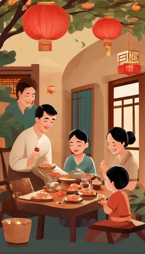 A family eats mooncakes，Men honor their parents with gifts in their hands, Happy family, There are mooncakes on the table,Gift in hand， tea drinking and paper lanterns, Another bright moon in the sky，warm and joyful atmosphere, Digital illustration, Poster...