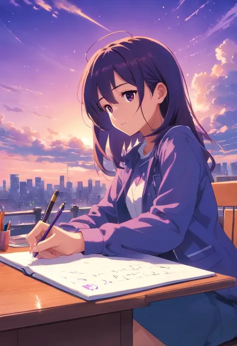 Girl writing the word on a notebook "dx" avec un ciel violet en fond