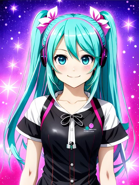 Smiling Hatsune Miku, Ultra-detailed portrait of one person、Color Digital Painting、A highly detailed、Digital Painting、art  stations、Convoluted、Sharp Focus、Warm lighting、enticing、hightquality、​masterpiece、Award-winning art、Art by Yoshitaka Amano and Brian F...