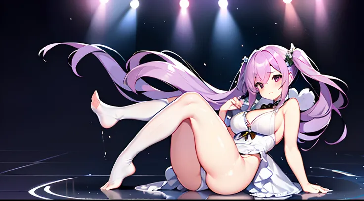 Light purple hair,Wet hair,Hair between the chests,partially unbuttoned,surrounded, multiple others, exhibitionism, audience, Background text, Large crowds, public humiliation,show foot,pubic tattoo on underbelly,Spread ,Ass_Visible_through_thighs thighs t...