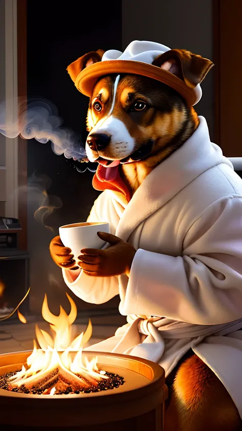 (best quality:1.23), (masterpiece:1.12), (realistic:1.24), (anthropomorphic  dog:1.5) holding a coffee cup, sitting, in a robe, eating breakfast and holding a coffee cup, hat, particles, volumetric lighting,  room burn down, ground and chair on fire, lots ...