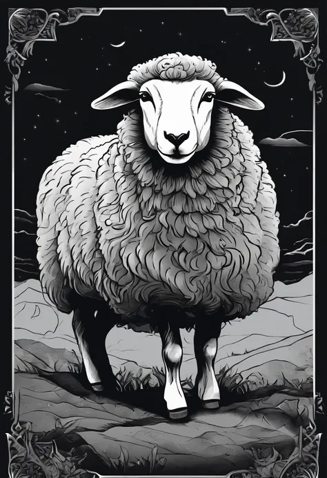 /imagine prompt: Sheep illustration with sticker on black background, Bold outline style, Jagged edges, Trash core, Light Shadow --V 5.2