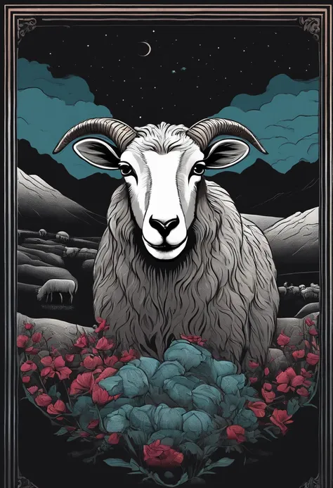 /imagine prompt: Sheep illustration with sticker on black background, Bold outline style, Jagged edges, Trash core, Light Shadow --V 5.2