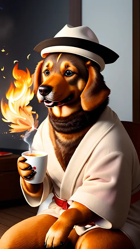 (best quality:1.23), (masterpiece:1.12), (realistic:1.24), (anthropomorphic  dog:1.5) holding a coffee cup, sitting, in a robe, eating breakfast and holding a coffee cup, hat, particles, volumetric lighting,  room burn down, ground and chair on fire, lots ...