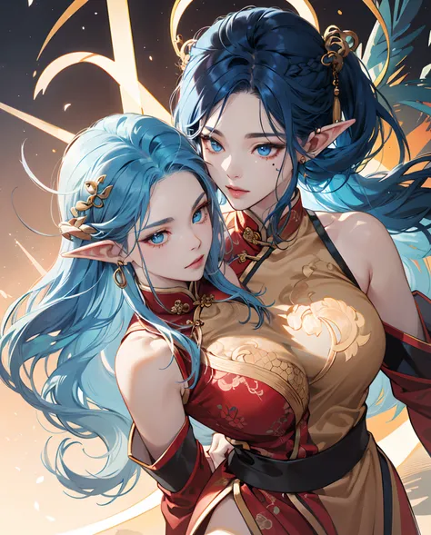 An Elf, blue eyes, ear pearcing blue type blue hair that reaches her shoulders, braid on the left side of her hair. Beauty Mark on the left cheek, she is also very beautiful and voluptuous figure,She usually wears a Chinese traditional dress in black colou...