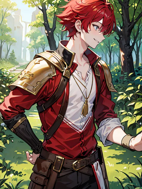 Masterpiece, best quality, 4k, 8k, absurdres (best illustration), forest background, 1boy, red hair, smiling, adventurer clothes, half-body portrait,((sketch)), profile close-up