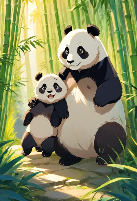 Two adorable furry panda cubs, tiger cubs,roll playfully in sunny bamboo glades, Warm light filters through the leaves. Detailed fur texture, Peaceful and natural mood, Gentle lighting. Traditional watercolor style. --AR 4:5 --s 400 --niji 5