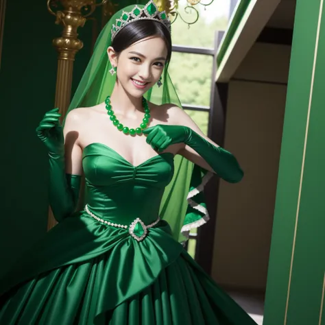 emerald tiara, Green Pearl Necklace, Boyish very short green hair, lipsticks, Japan woman smiling, very short short hair, fist, big breasts beautiful, Green eyes, Long green gloves made of satin material, Green eyes, Emerald Earrings