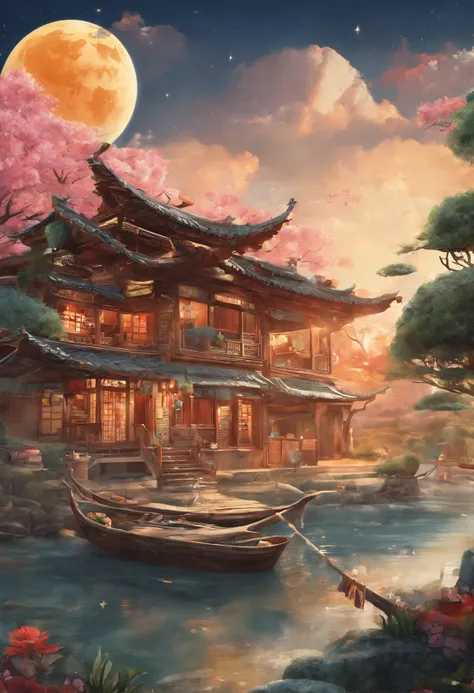 (top-quality、8K、tmasterpiece:1.3)、Full moon and stars in sky illustration，The family sits together eating mooncakes,Mom and dad laugh with the kids，Have in the living room、Bright house scene，extremely detailed face and skin，Heartwarming scene，perfect  deta...