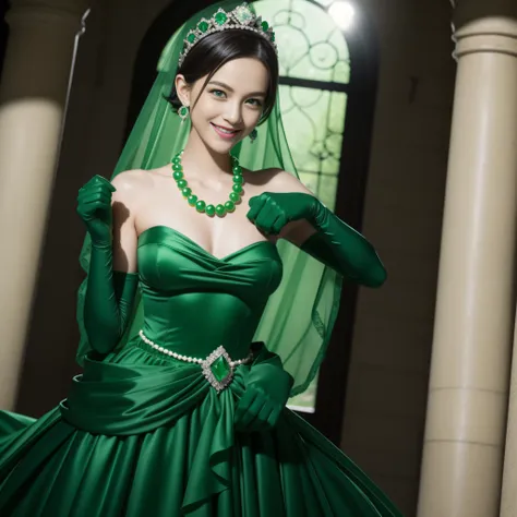 emerald tiara, Green Pearl Necklace, Boyish very short green hair, lipsticks, Japan woman smiling, very short short hair, fist, big breasts beautiful, Green eyes, Long green gloves made of satin material, Green eyes, Emerald Earrings