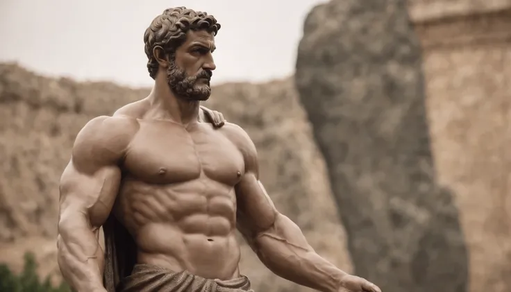 Stoic Greek Hercules style statue with highlighted muscles, feita de pedra negra envelhecida e desgastada