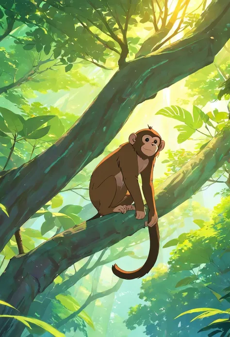 A monkey climbs a tree