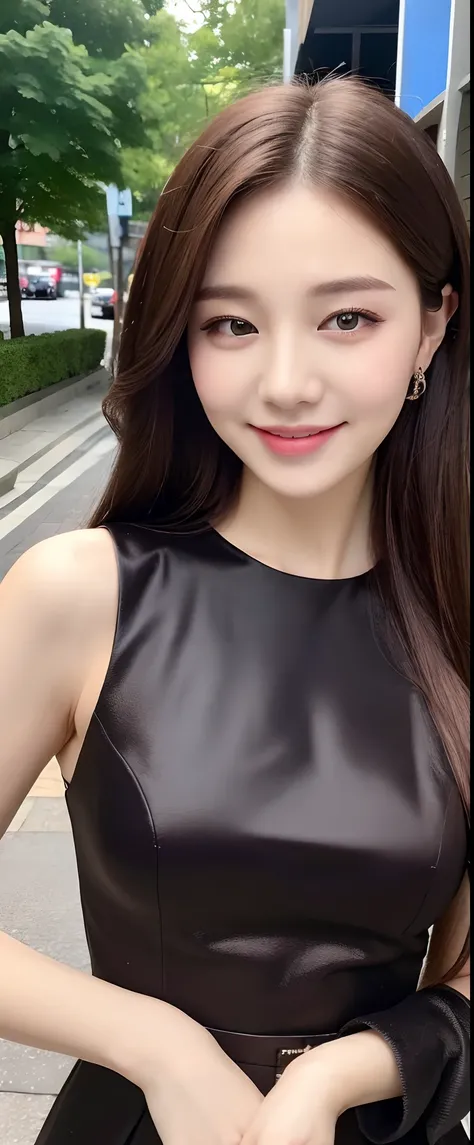 ((Best quality, 8k, Masterpiece :1.3)), 1girl, smiling, full body, slim face, Pretty woman, (Dark brown hair), full length dress :1.1, Ultra-detailed face, Detailed eyes, Double eyelid, blur background, slim face, city, outside, street,