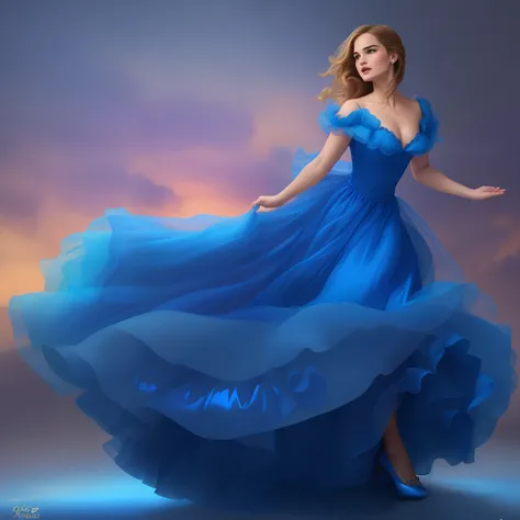 A woman in a blue dress is dancing on a ladder, Cinderela, Lily James como uma fada, magic robe, blue swirling dress, vestido de azul, em vestido azul, um vestido azul, vestido azul, Emma Watson como a Rainha do Gelo, sky - blue dress, vestido de fantasia,...