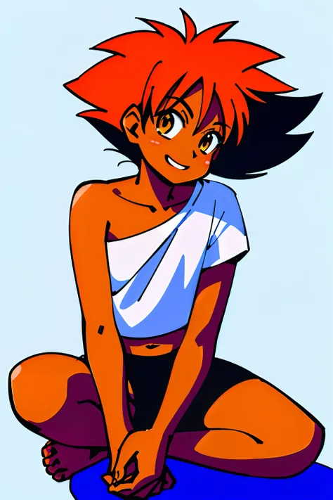 beautiful, masterpiece, simple background, best quality, Edward, tomboy, tan skin, orange hair, spiked hair, brown eyes, goggles on head, midriff, white shirt, loose shirt, off shoulder, barefoot, bike shorts, detailled image, colorfull, vibrant colors, si...