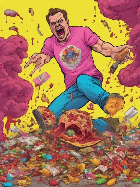 contorted disgusting caca diarrhea vomit contorting. bloodnath bombing vivtima. filth cpvered in yellow pudding, cobered in piles of trash.