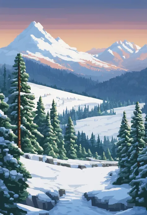 Snow in the comics，pines，A large area of pine trees，pixelated art, beautiful detailed pixel art, detailed pixel art, Retro lo-fi video game, Pixel art concept, detailed pixel artwork, pixelart style, Pixel City, pixel art animation, high quality pixel art,...