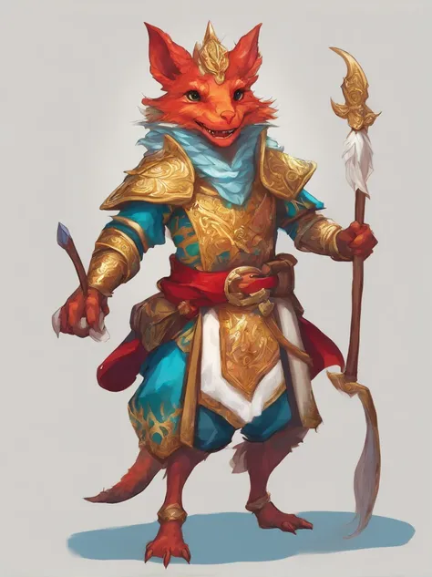 kobold, Wearing Maiden Vestments, sky-blue and white with red and gold belt sea-green gemstones and gold, beautiful, masterpiece, best quality