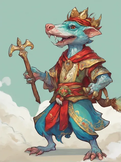 kobold, Wearing Maiden Vestments, sky-blue and white with red and gold belt sea-green gemstones and gold, beautiful, masterpiece, best quality