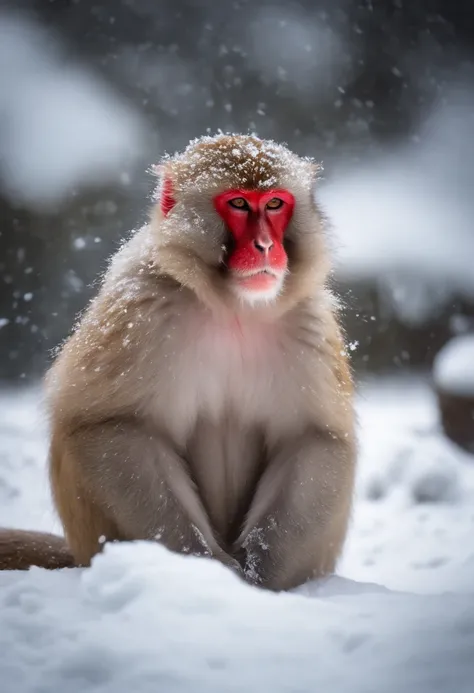 Japanese macaque　Take an open-air bath　Snow around