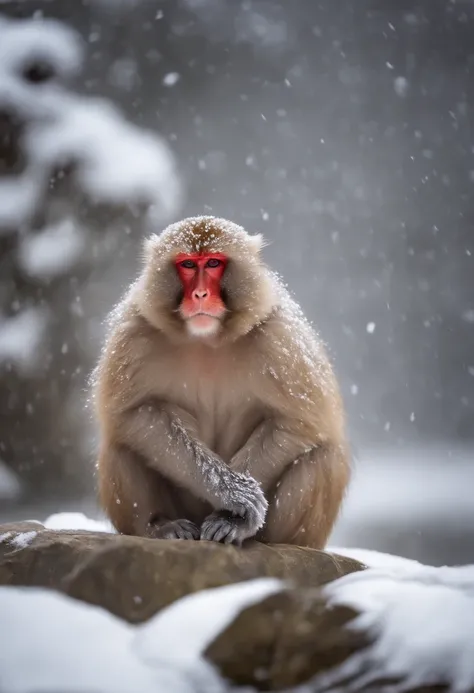 Japanese macaque　Take an open-air bath　Snow around