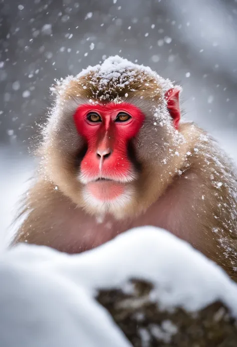 Japanese macaque　Take an open-air bath　Snow around