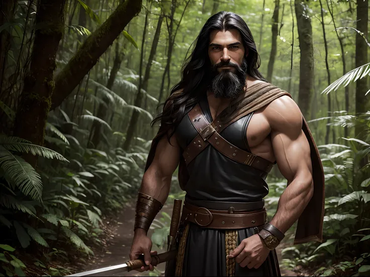 Cicno. Realistic photo. Photo from the waist up. Cycnus is a tall and muscularly built handsome man with a mocking smile on his face. He is dressed like an ancient Greek hunter, wearing leather clothing. In his hand, he holds a long wooden spear with a gle...