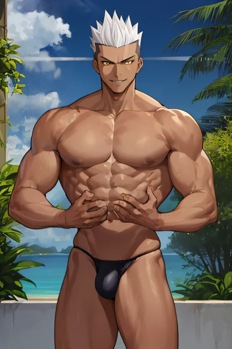 TAN SKIN, Teenage MAN, boy, (masterpiece, best quality), KujouCSA, break, 1boy, (Teenager), 15 years old, (((15 YEARS))) topless, shirtless, alone, muscular chest, chiseled abs, body full of muscles, yellow eyes, dark silver hair, (((DARK SILVERHAIR))) (DA...