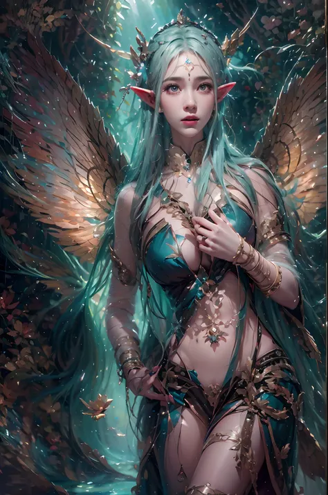 ( Absurd, High quality, Ultra-detailed, Masterpiece, concept-art, smooth, high detail artwork, Hyper-realistic painting ) , elf, Plum elf, plum , Transparent fairy wings, huge tit，low chest，fairytale-like, Romantic, Vivid, Whole body, In nature with waterf...