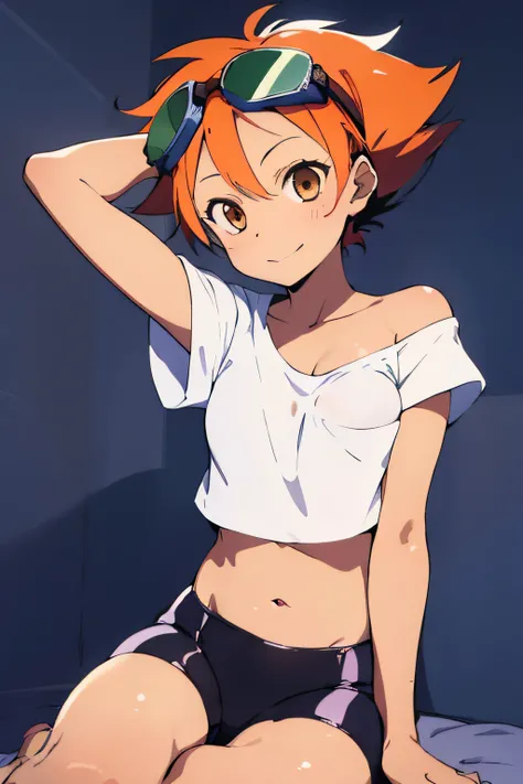 beautiful, masterpiece, simple background, best quality, Edward, tomboy, tan skin, orange hair, spiked hair, brown eyes, goggles on head, midriff, white shirt, loose shirt, off shoulder, showing her small breast and nipple, barefoot, bike shorts, detailed ...