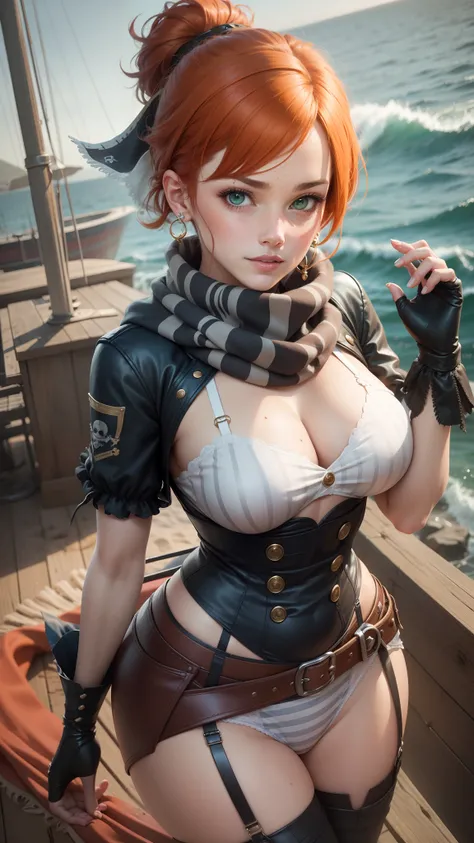 gwen tennyson,tracer,yorha 2b,hinata, rebecca chambers,atelier ryza,pirate outfit,beach,teenager,green eyes,thigh high boots,garter belt,shy smile,striped panties,short hair,orange hair,pirate ship,white striped top,gothic mini skirt,wet body, freckles,red...