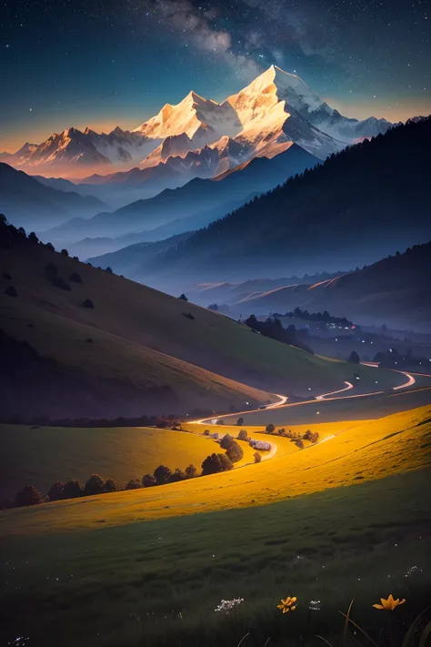 Meadow at night、Himalayas in the back、The sky is full of stars