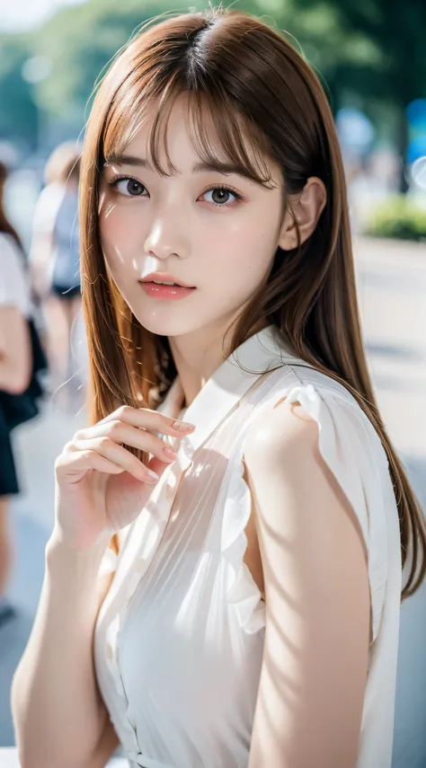 1womanl, up of face, mideum breasts, light brown hair, Blunt bangs, hair behind ear, hair over shoulder, Long hair, slender body shape, Ultra Fine Face, Thin face, Delicate lips, Beautiful eyes, thin blush, eyes are light brown, perfect glossy skin, flawle...