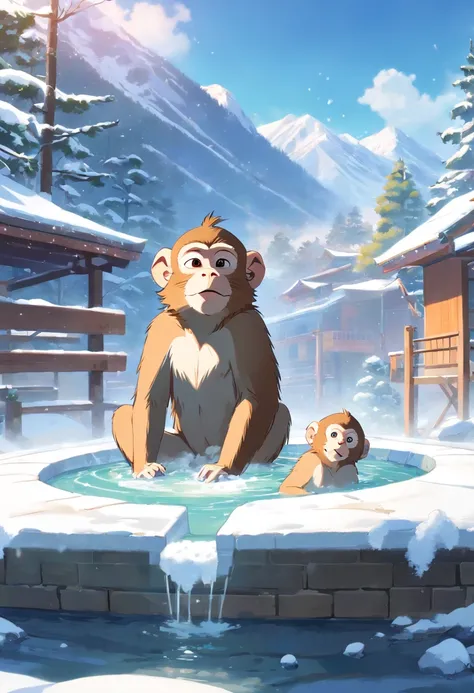 Japanese macaque　Take an open-air bath　Snow around