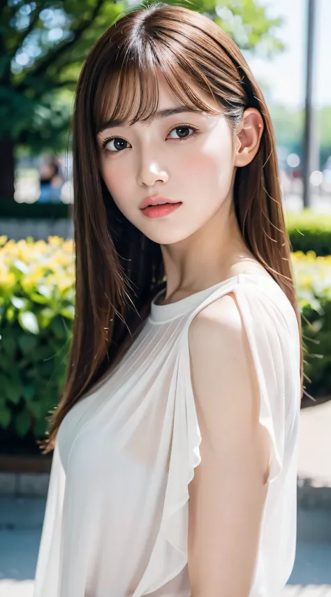 1womanl, up of face, mideum breasts, light brown hair, Blunt bangs, hair behind ear, hair over shoulder, Long hair, slender body shape, Ultra Fine Face, Thin face, Delicate lips, Beautiful eyes, thin blush, eyes are light brown, perfect glossy skin, flawle...