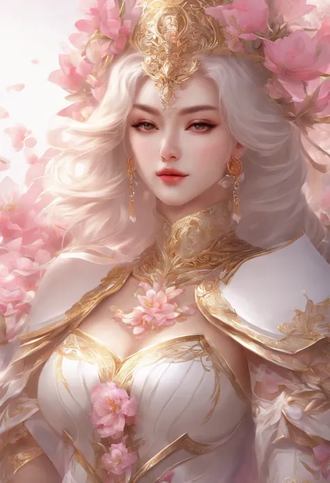 Sexy woman in white gold and pink lotus lace armor dress, chengwei pan on artstation, by Yang J, detailed fantasy art, Stunning character art, Fanart Meilleure ArtStation, epic exquisite  character art, Beautiful armor, Extremely detailed Artgerm, Detailed...