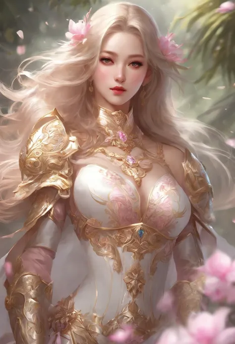 Sexy woman in white gold and pink lotus lace armor dress, chengwei pan on artstation, by Yang J, detailed fantasy art, Stunning character art, Fanart Meilleure ArtStation, epic exquisite  character art, Beautiful armor, Extremely detailed Artgerm, Detailed...