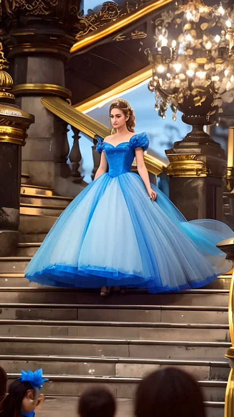 um close up de uma mulher em um vestido azul em um conjunto de escadas, Cinderela, magic robe, vestido real, wearing a magnificent dress, vestido vestido bonito vestido, um vestido azul, princesa bonita, vestido bonito, Vestido azul vitoriano, em vestido a...